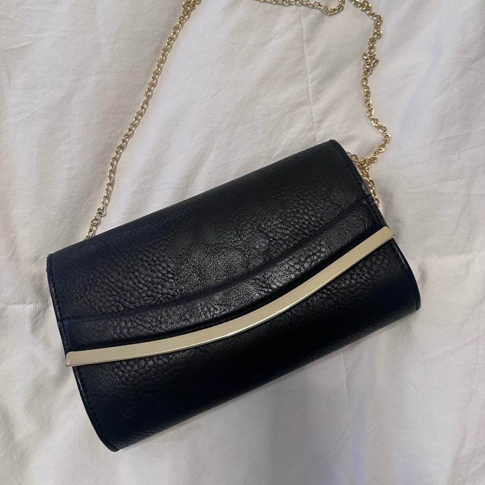 Elegant Black Leather Clutch with Gold Chain